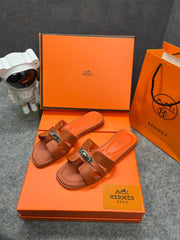 Hermes Paris Oran Flats For Her With OG Box & Carry Bag H38-41 Orange Slide