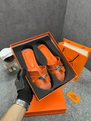 Hermes Paris Oran Flats For Her With OG Box & Carry Bag H38-41 Orange Slide