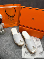Hermes Calfskin Suede Leather Cork Eze 30 Sandals White With OG Box Dust Bag & Carry Bag