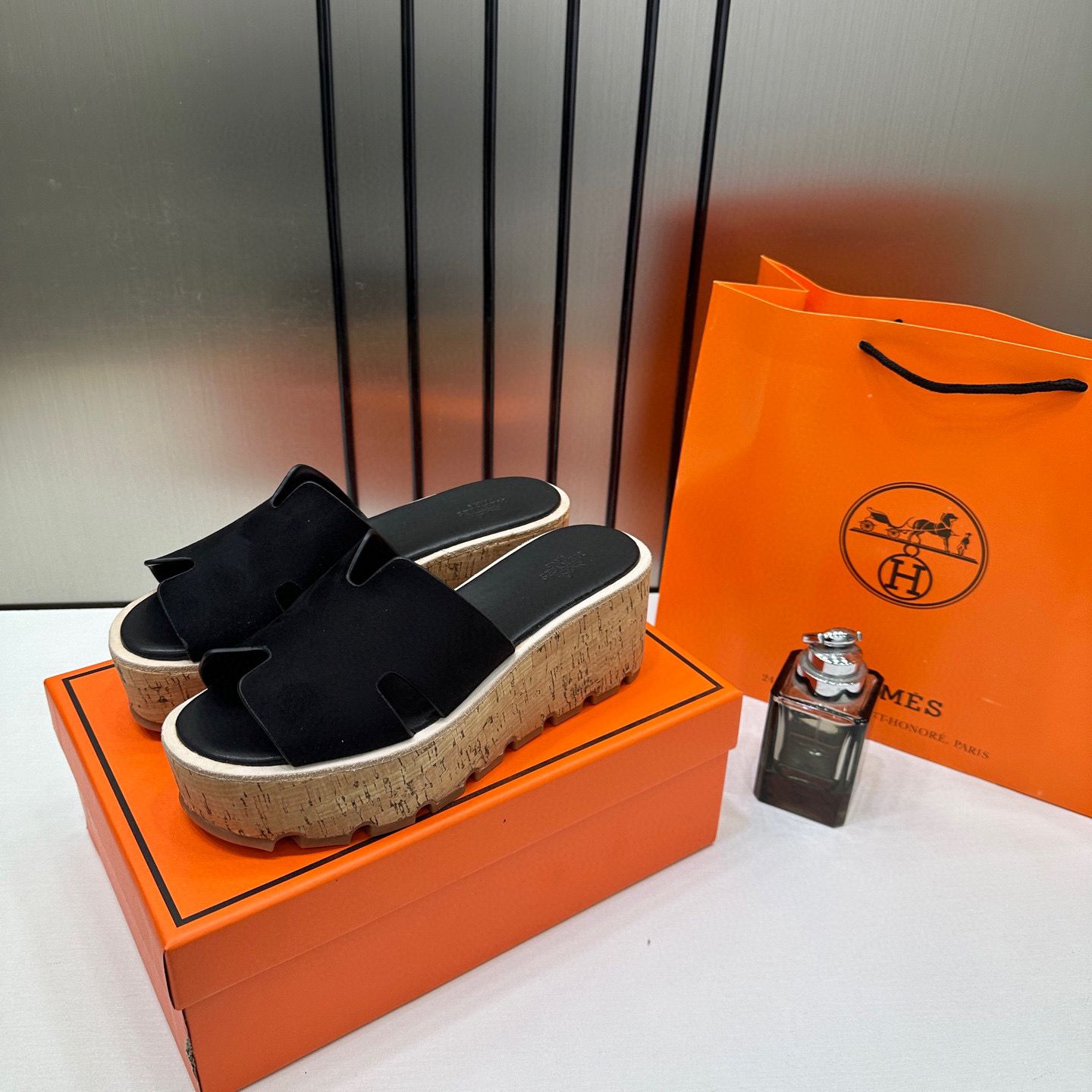 Hermes Calfskin Suede Leather Cork Eze 30 Sandals Black With OG Box Dust Bag & Carry Bag