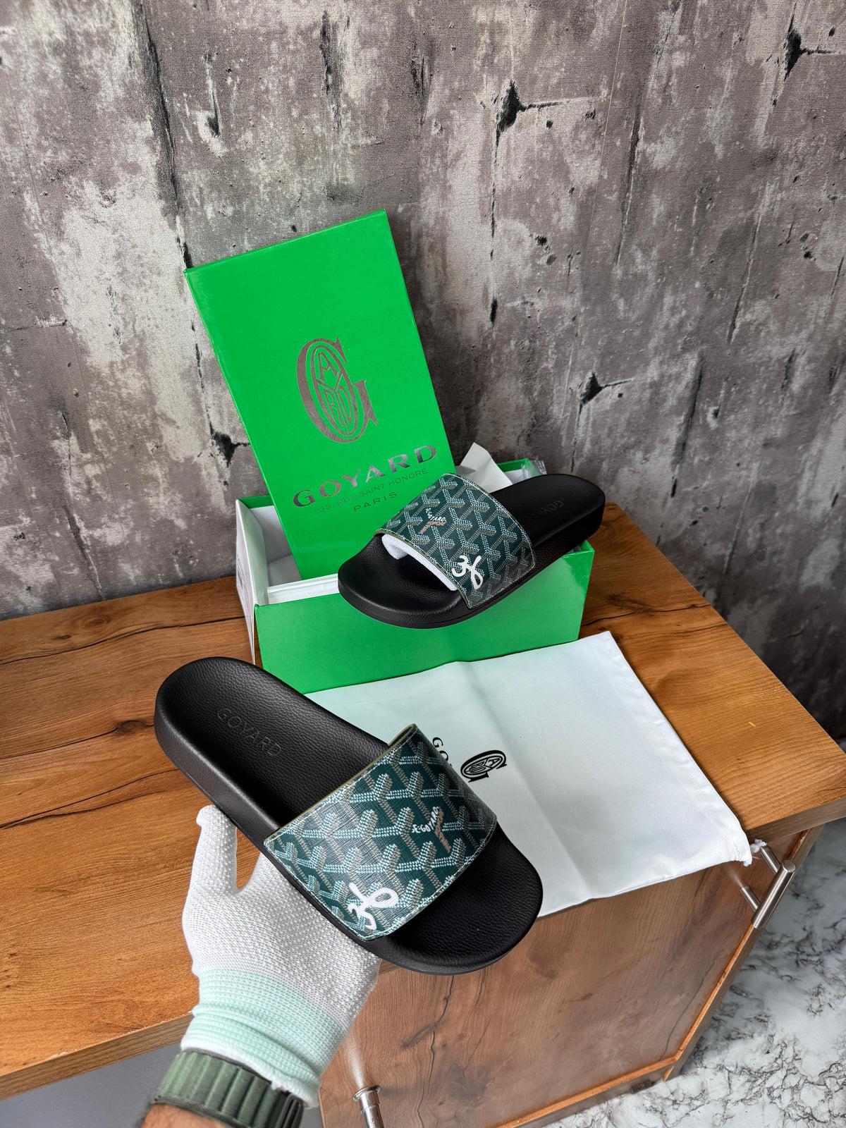 Goyard Paris Green Premium Slides Mens