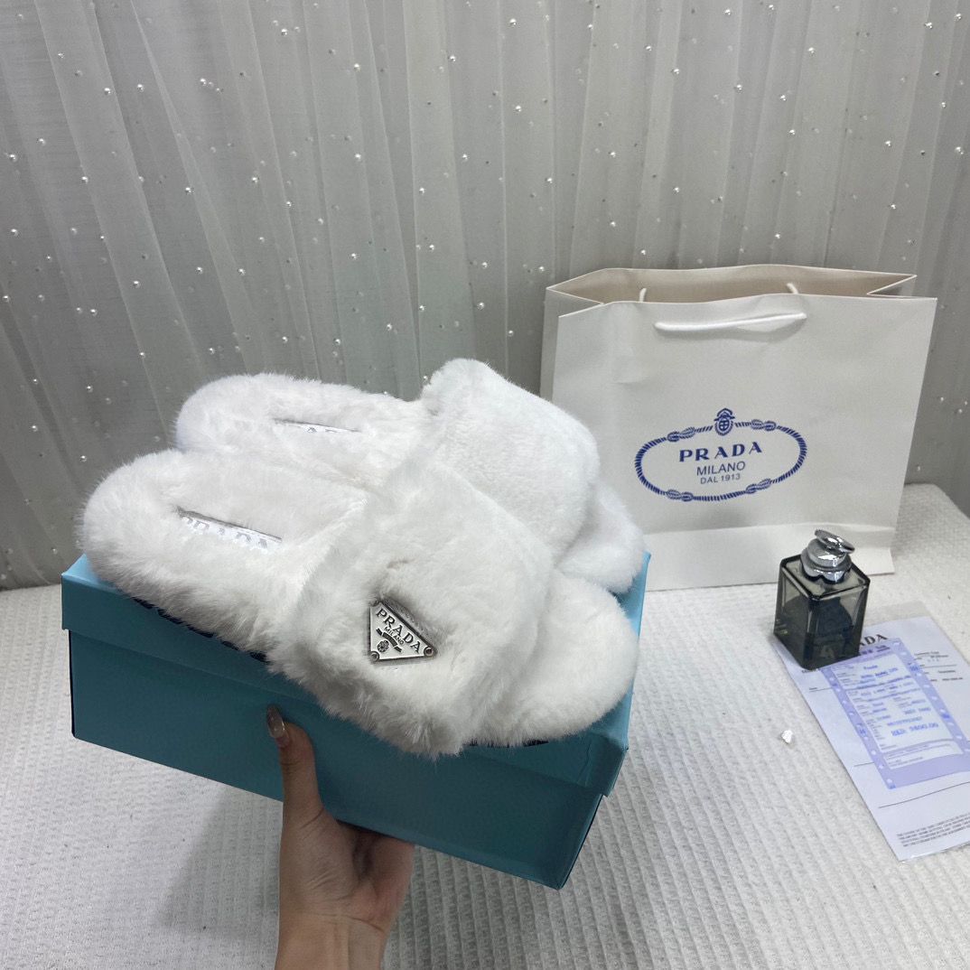 Prada Furry White Slippers For Her With OG Box Dust Bag & Carry Bag White