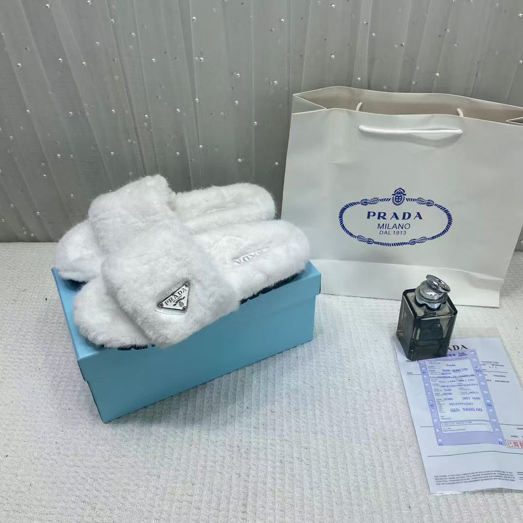Prada Furry White Slippers For Her With OG Box Dust Bag & Carry Bag White