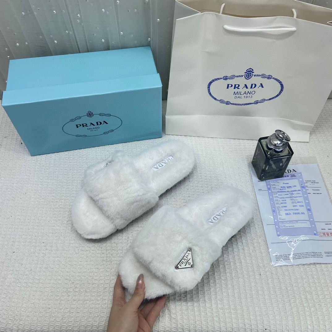 Prada Furry White Slippers For Her With OG Box Dust Bag & Carry Bag White