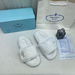 Prada Furry White Slippers For Her With OG Box Dust Bag & Carry Bag White