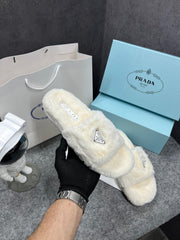 Prada Furry White Slippers For Her With OG Box Dust Bag & Carry Bag White