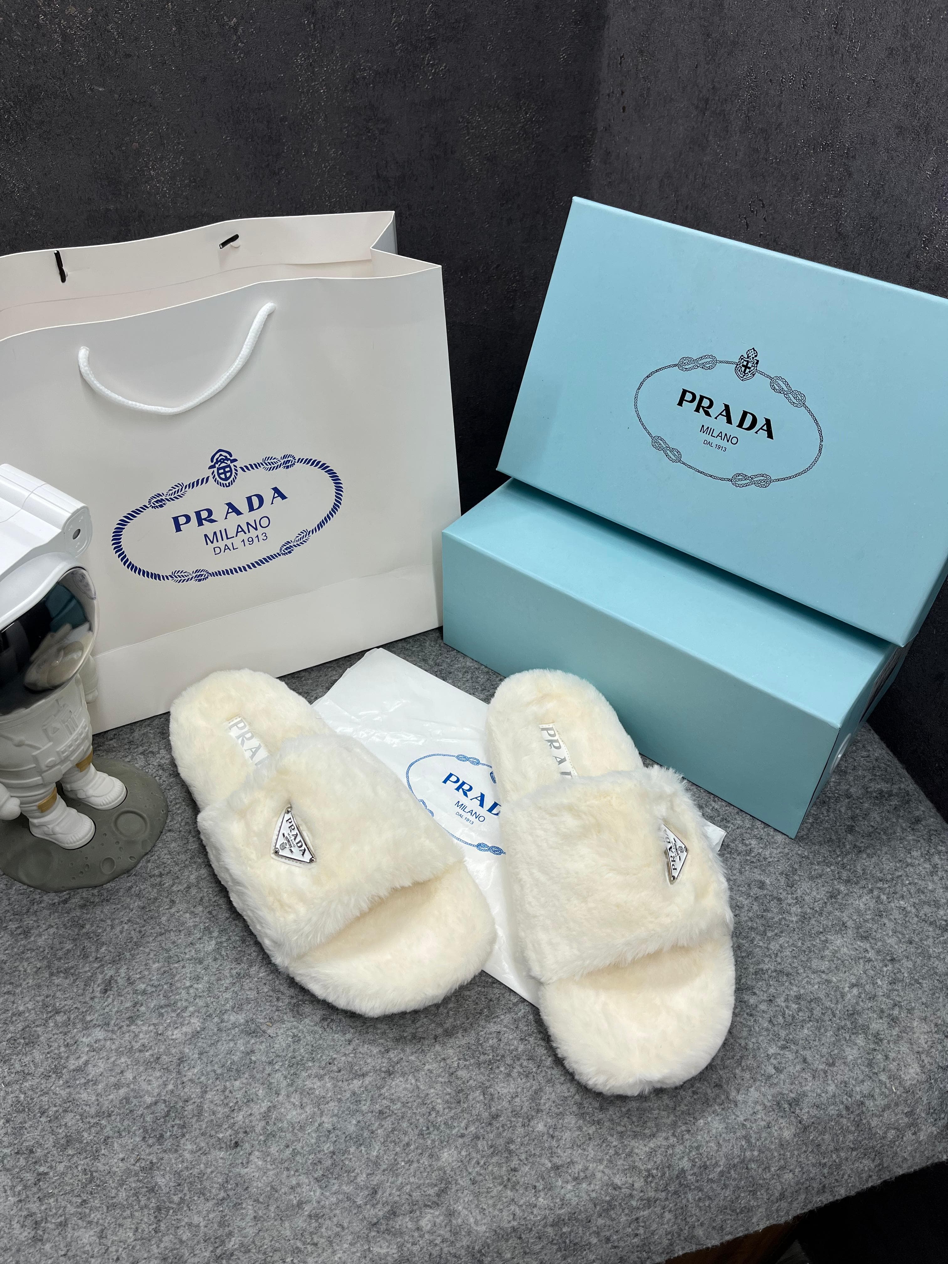 Prada Furry White Slippers For Her With OG Box Dust Bag & Carry Bag White