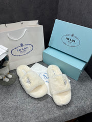 Prada Furry White Slippers For Her With OG Box Dust Bag & Carry Bag White