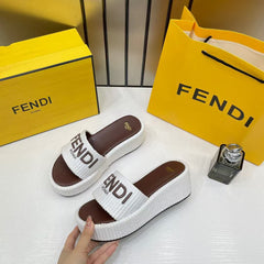 Fendi Sunshine Flip-flop Sandal With Platform In Cotton Fiber White Brown With OG Box & Carry Bag