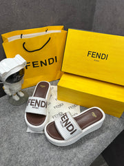 Fendi Sunshine Flip-flop Sandal With Platform In Cotton Fiber White Brown With OG Box & Carry Bag