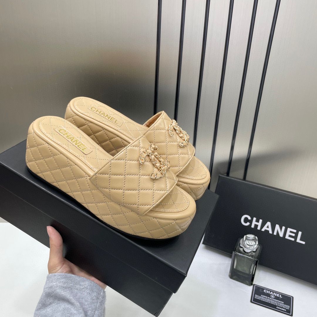 Chanel Lambskin Quilted CC Mules Wedge Sandals With OG Box & Dust Bag Apricot 6623-2