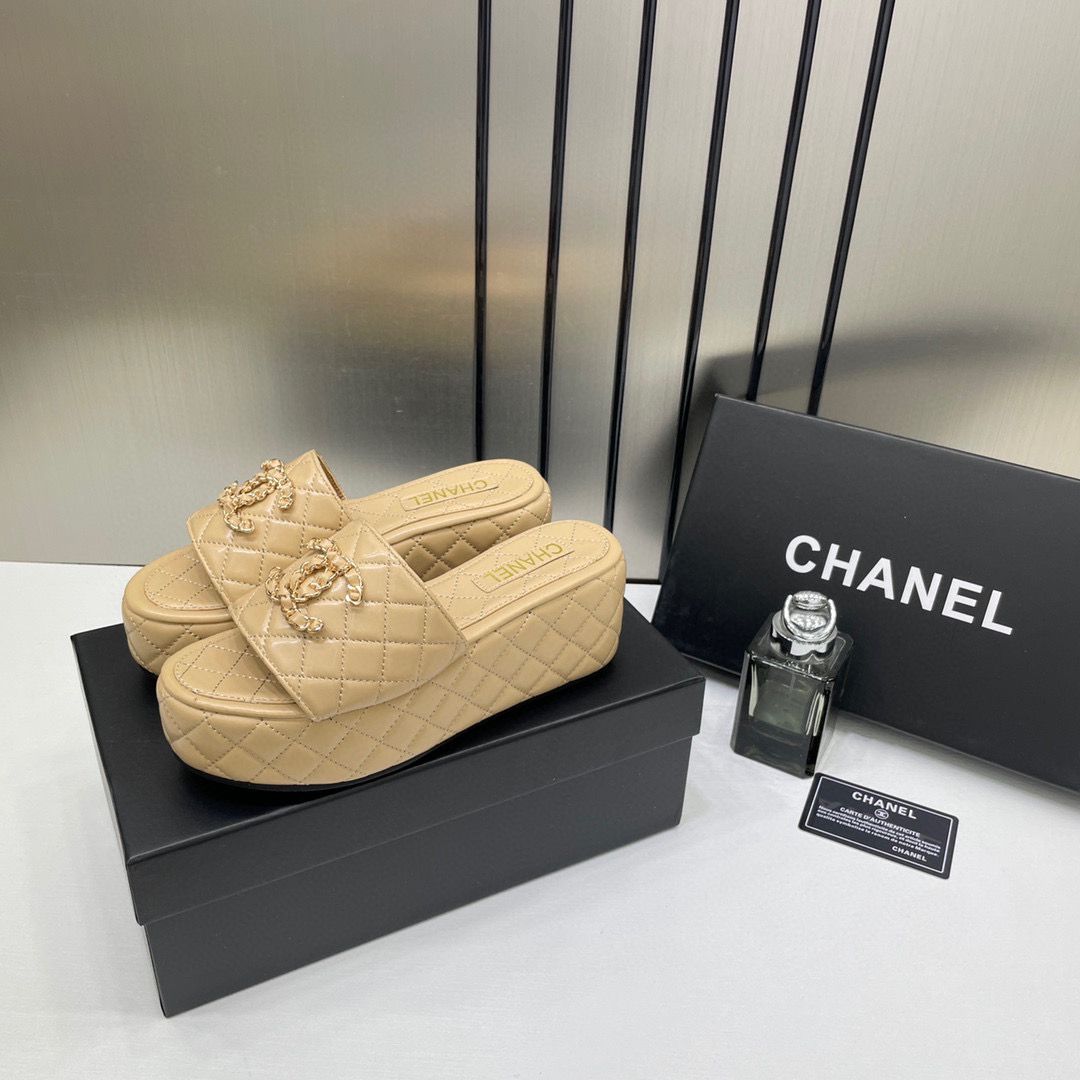 Chanel Lambskin Quilted CC Mules Wedge Sandals With OG Box & Dust Bag Apricot 6623-2