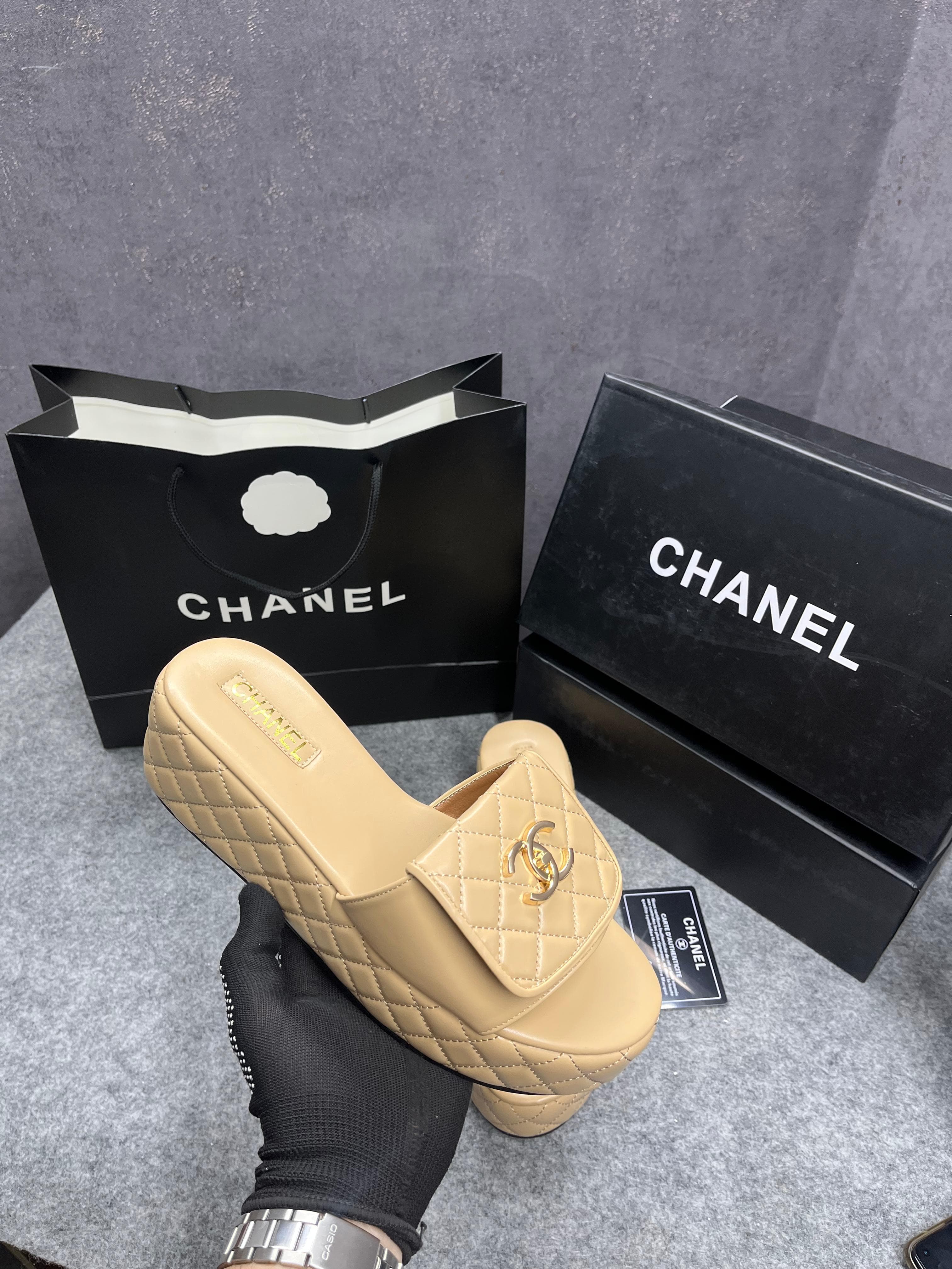 Chanel Lambskin Quilted CC Mules Wedge Sandals With OG Box & Dust Bag Apricot 6623-2