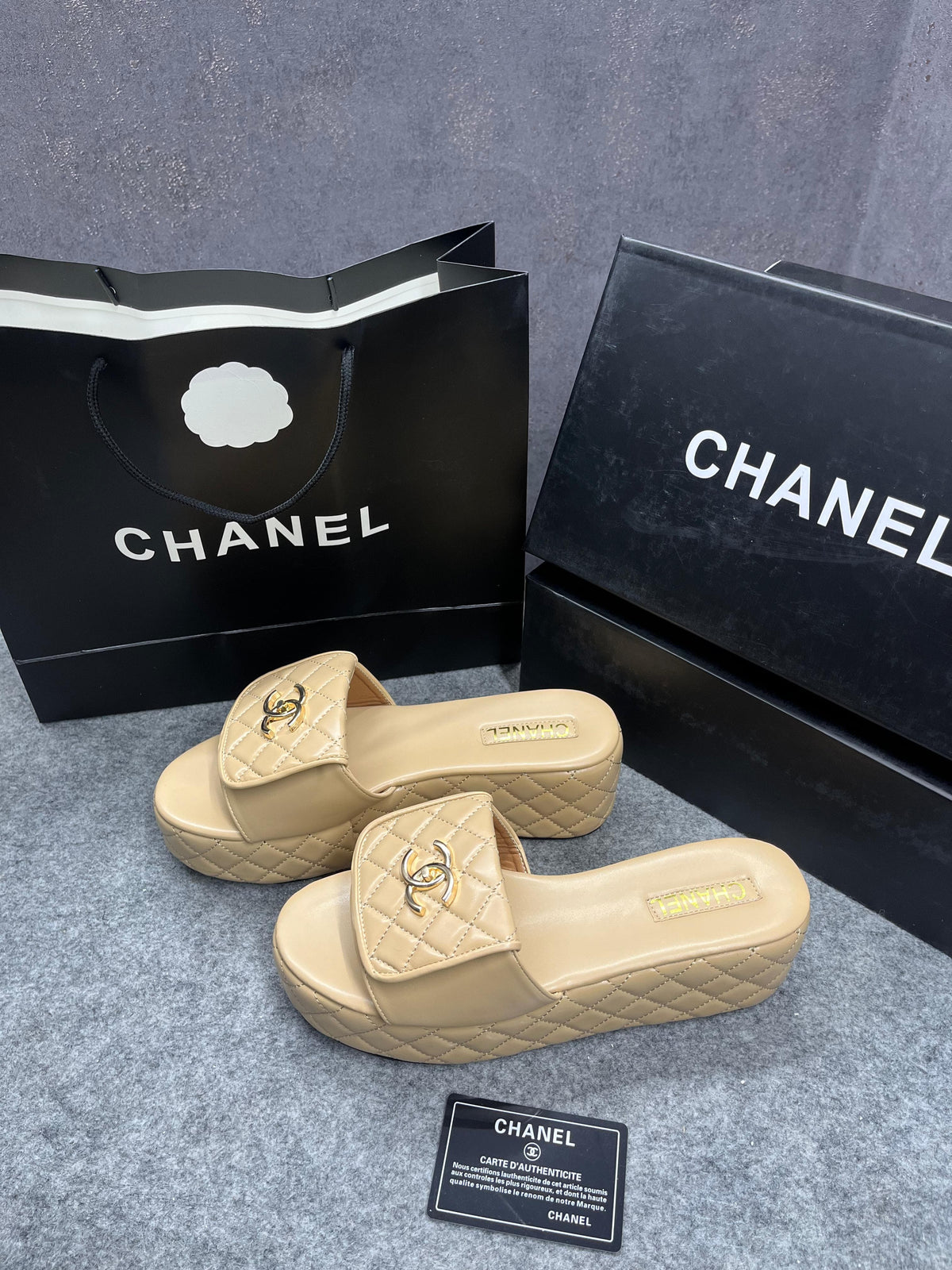Chanel Lambskin Quilted CC Mules Wedge Sandals With OG Box & Dust Bag Apricot 6623-2