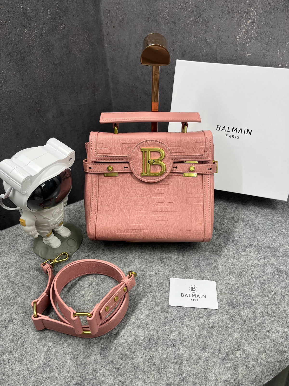 Balmain B-Buzz 23 Leather Tote Bag With OG Box & Dust Bag Litchi Grain Pink