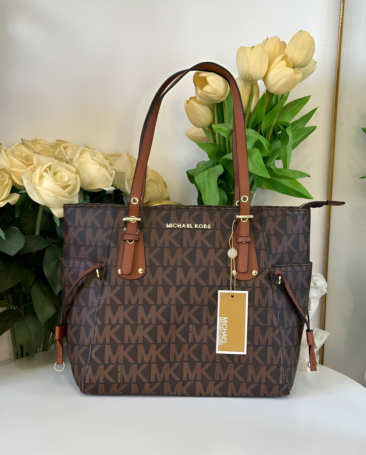 Michael Kors MK Voyager Tote Bag With Side Pocket & Dust Bag Coffee Brown 2003