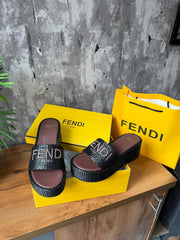 Fendi Sunshine Flip-flop Sandal With Platform In Cotton Fiber Brown Brown With OG Box & Carry Bag