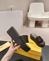 Fendi Sunshine Flip-flop Sandal With Platform In Cotton Fiber Brown Brown With OG Box & Carry Bag