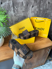 Fendi Sunshine Flip-flop Sandal With Platform In Cotton Fiber Brown Stripes Brown With OG Box & Carry Bag