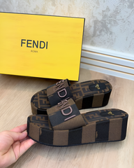 Fendi Sunshine Flip-flop Sandal With Platform In Cotton Fiber Brown Stripes Brown With OG Box & Carry Bag