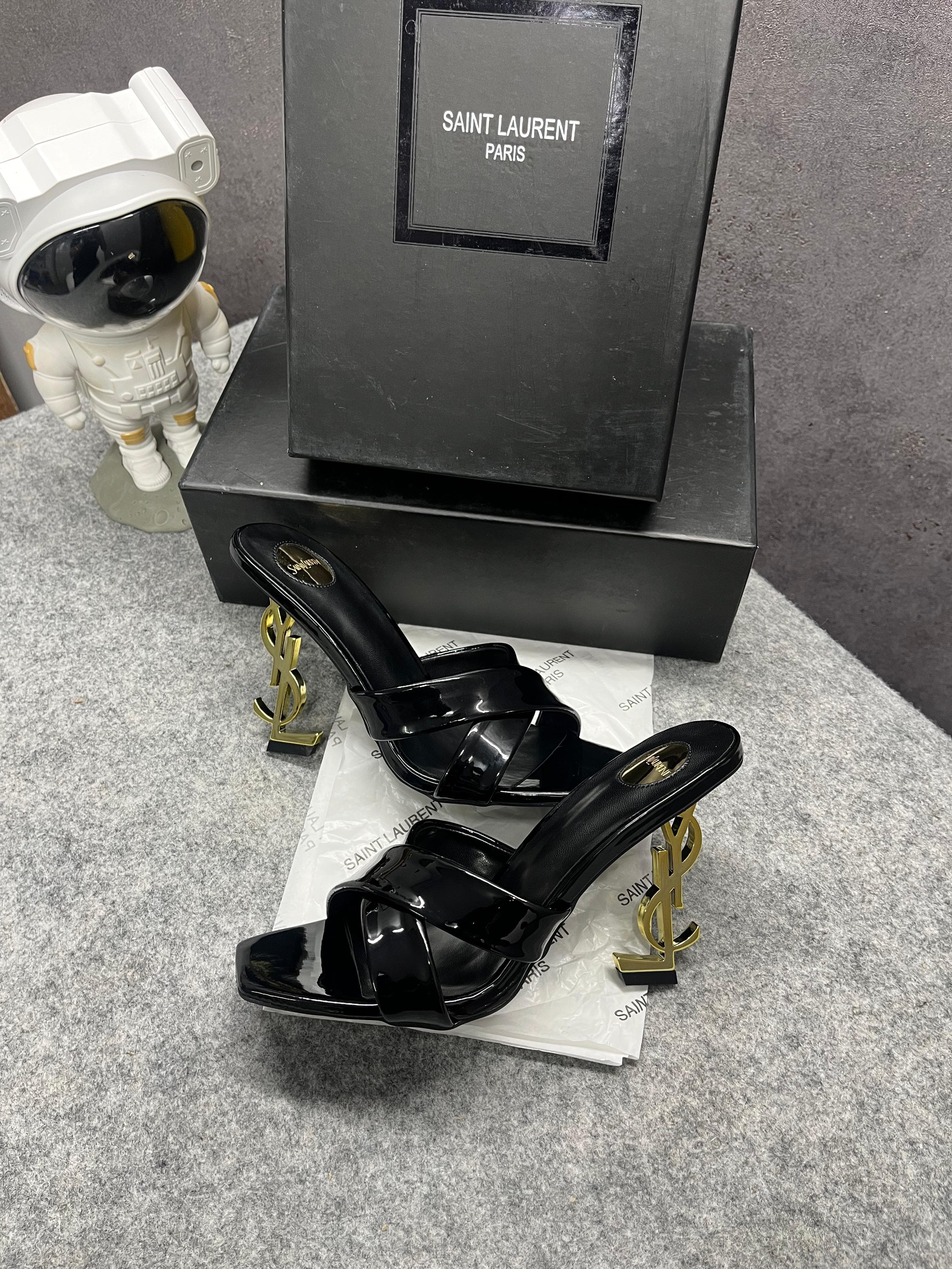 Ysl Saint Laurent Paris Opyum Satin Crepe Cuba Gold Patent Cassandra Sandals Heel With OG Box Dust Bag