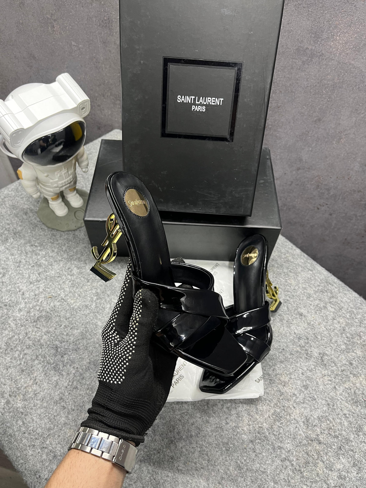 Ysl Saint Laurent Paris Opyum Satin Crepe Cuba Gold Patent Cassandra Sandals Heel With OG Box Dust Bag