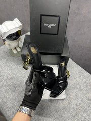 Ysl Saint Laurent Paris Opyum Satin Crepe Cuba Gold Patent Cassandra Sandals Heel With OG Box Dust Bag