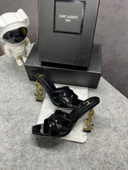 Ysl Saint Laurent Paris Opyum Satin Crepe Cuba Gold Patent Cassandra Sandals Heel With OG Box Dust Bag