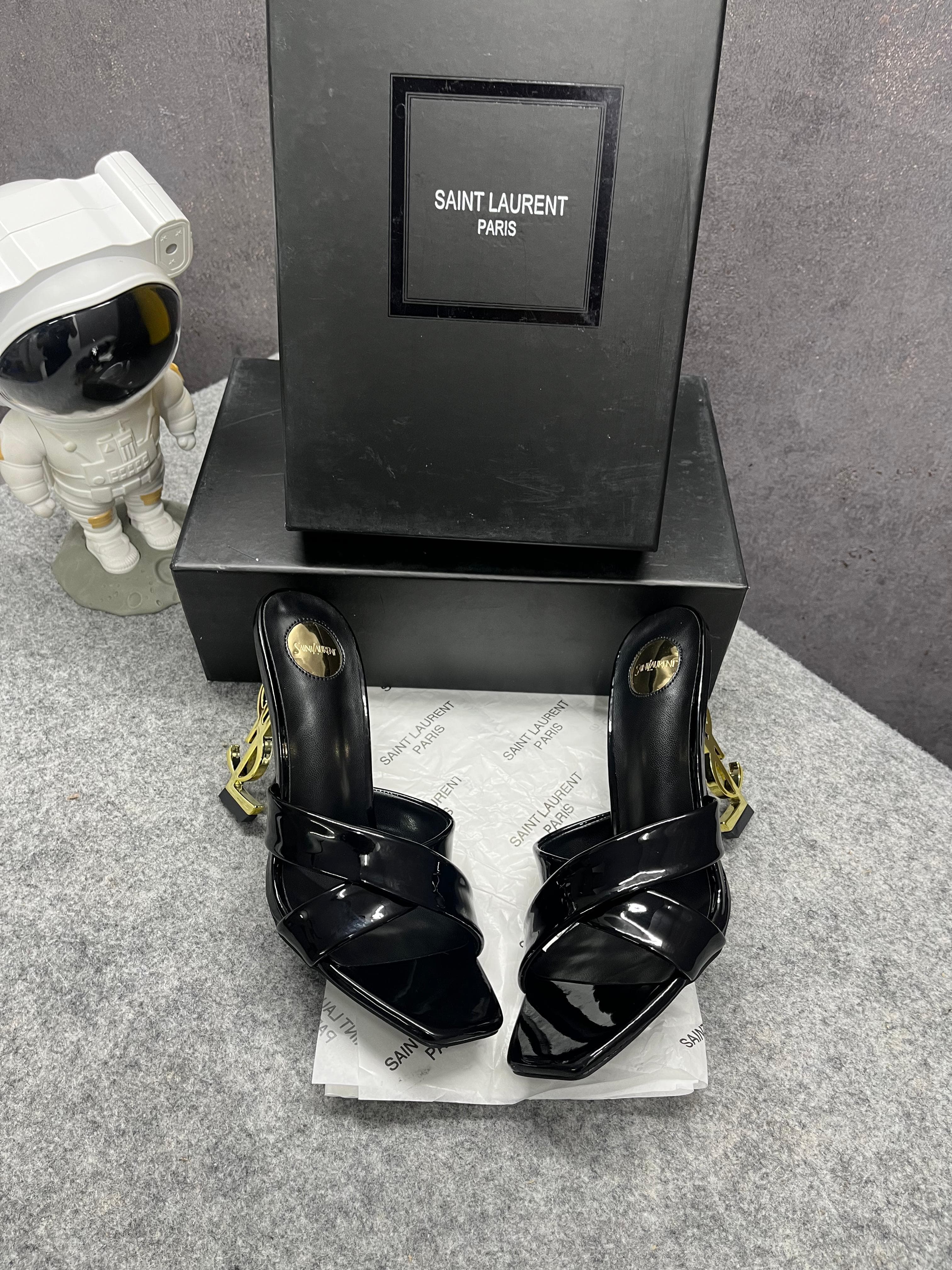 Ysl Saint Laurent Paris Opyum Satin Crepe Cuba Gold Patent Cassandra Sandals Heel With OG Box Dust Bag