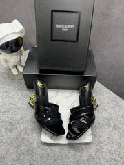 Ysl Saint Laurent Paris Opyum Satin Crepe Cuba Gold Patent Cassandra Sandals Heel With OG Box Dust Bag