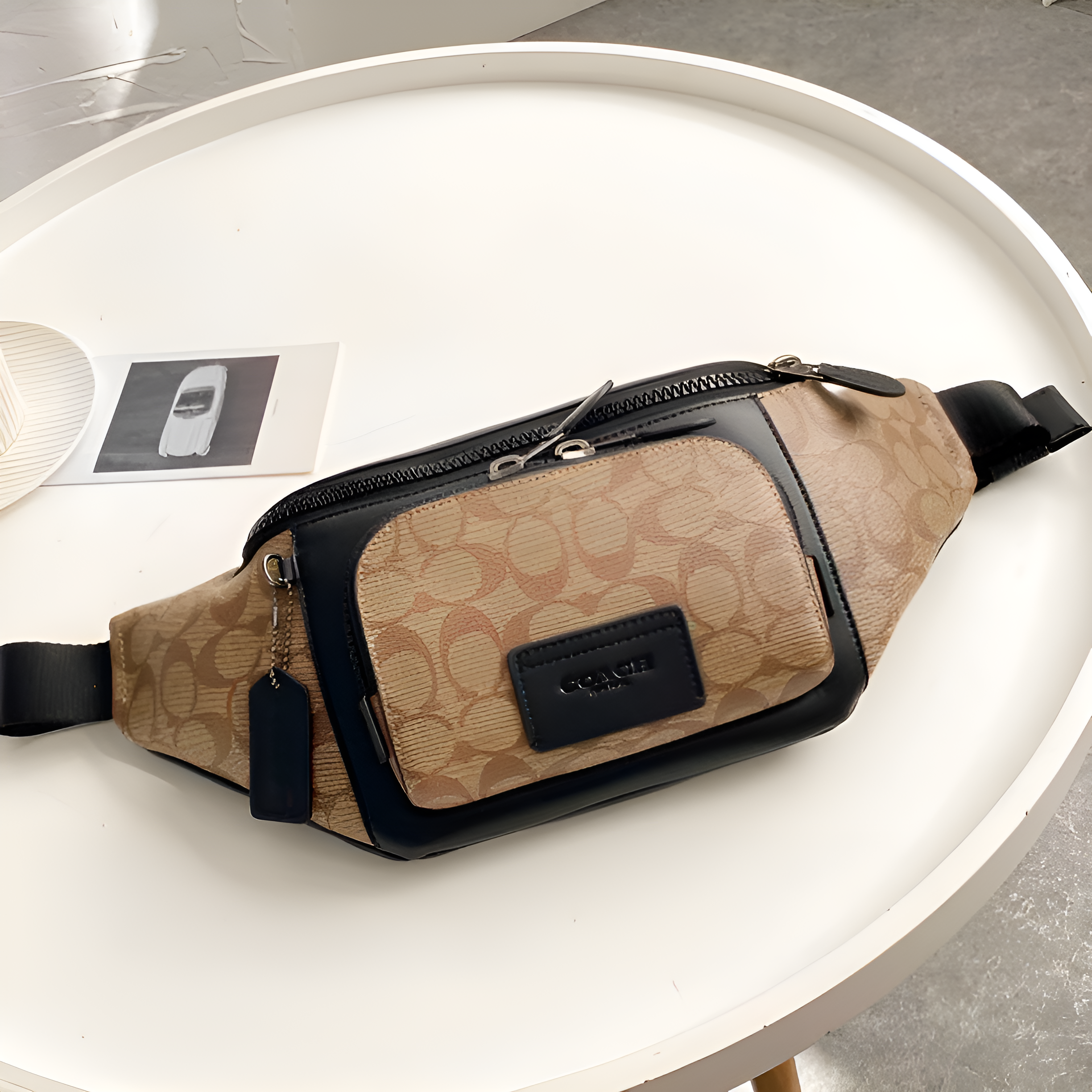 Coach Unisex Waist Pouch Track Belt Bag Signature Canvas Gunmetal Lock With Dust Bag (G1130 Apricot)