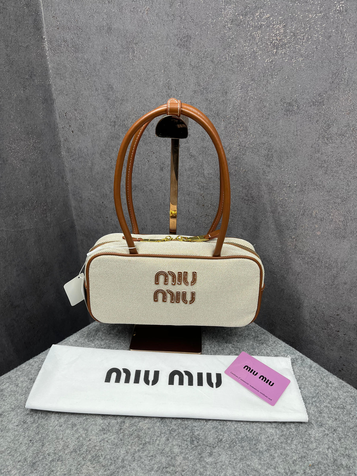 Miu Miu Beau Leather Canvas Brown Top-Handle Bag With Dust Bag Canvas Brown 502-1
