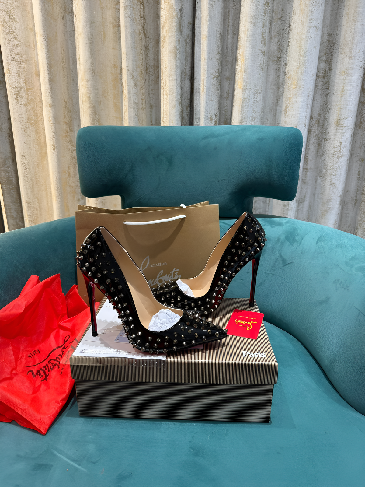 Christian Louboutin Pigalle Spikes Black Pointed Toe Heels For Women With OG Box Carry Bag & Dust Bag