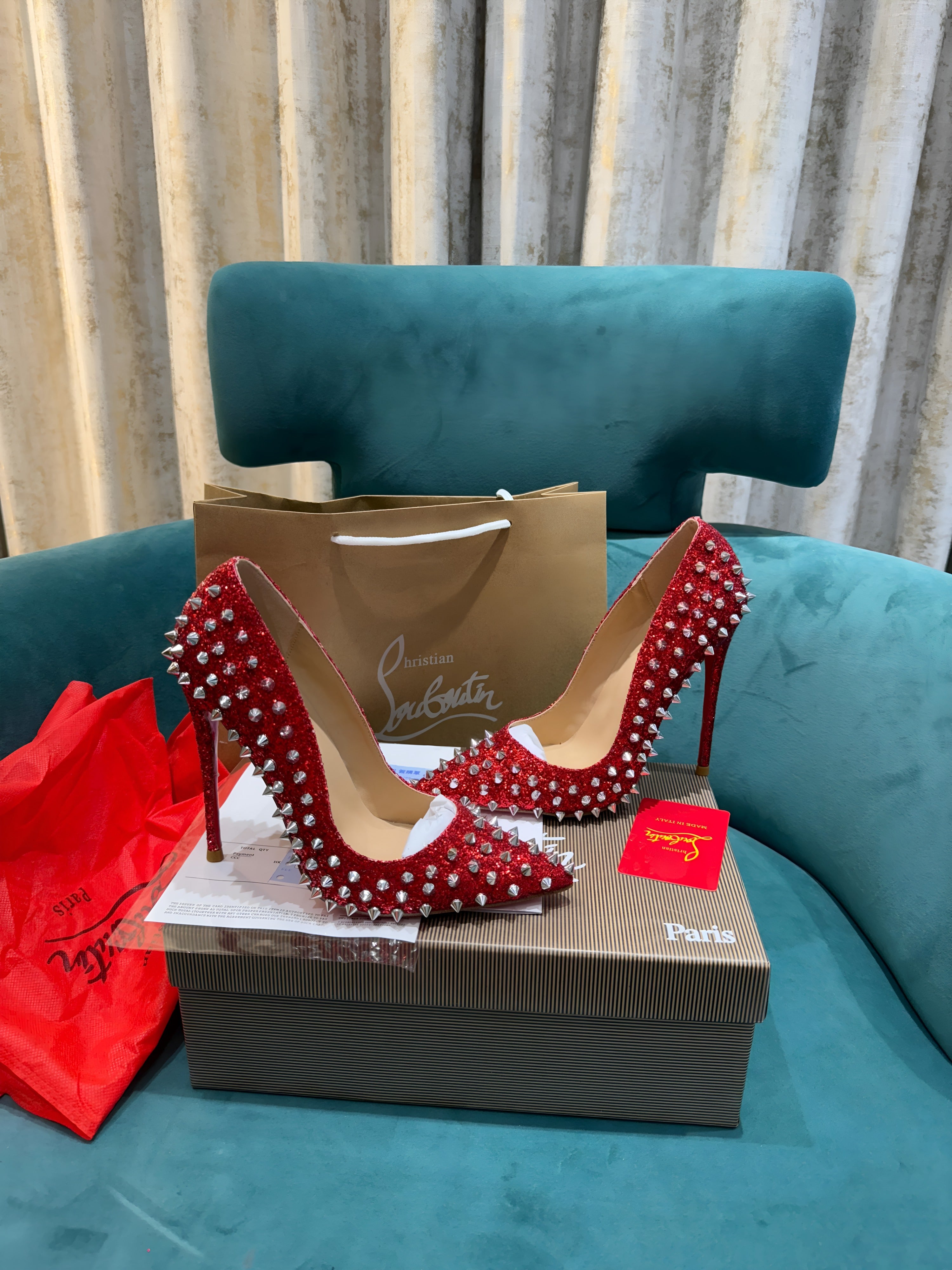Christian Louboutin Pigalle Spikes Red Pointed Toe Heels For Women With OG Box Carry Bag & Dust Bag Red