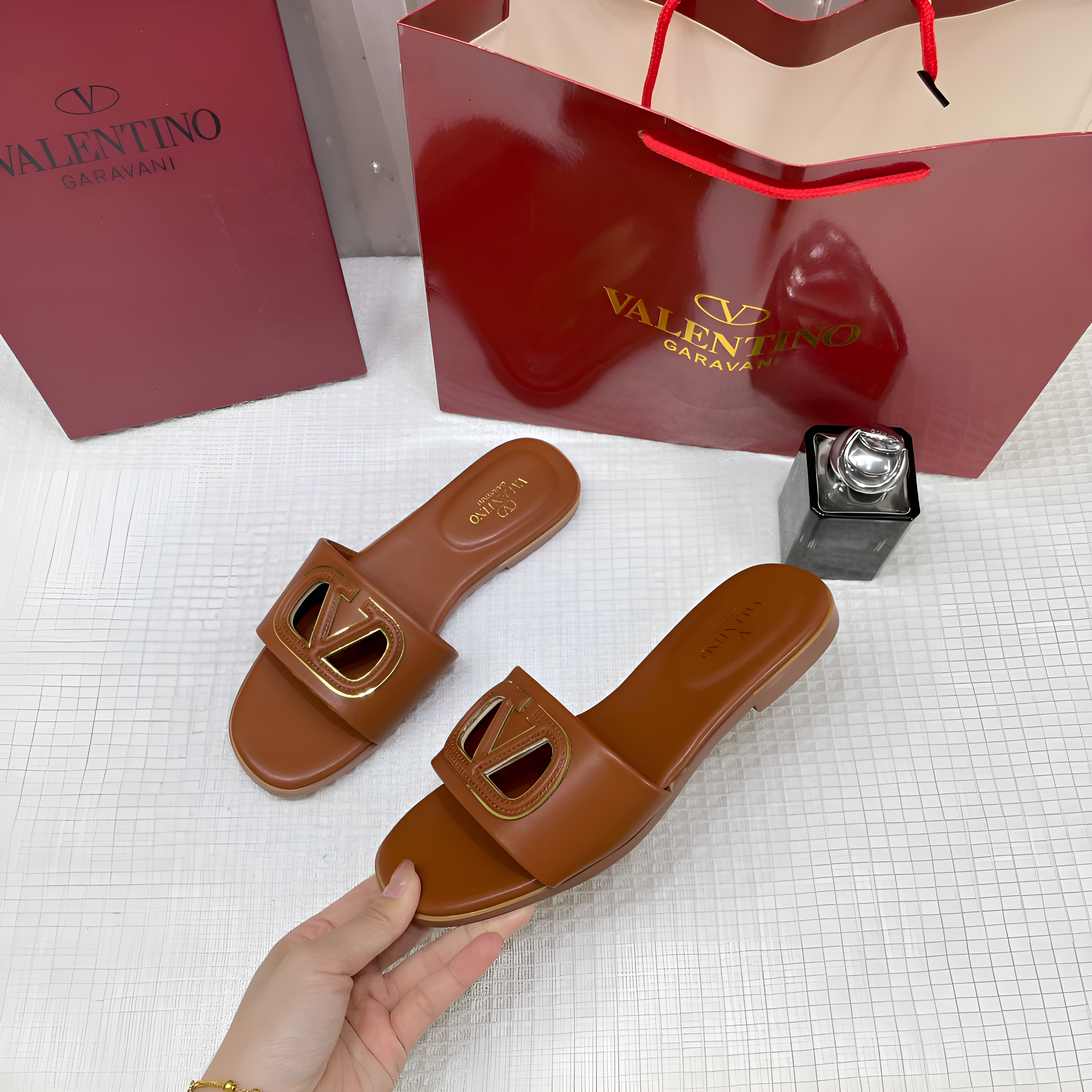 Valentino Garavani VLogo Signature Leather Sandals Brown With OG Box & Carry Bag 1892 Brown