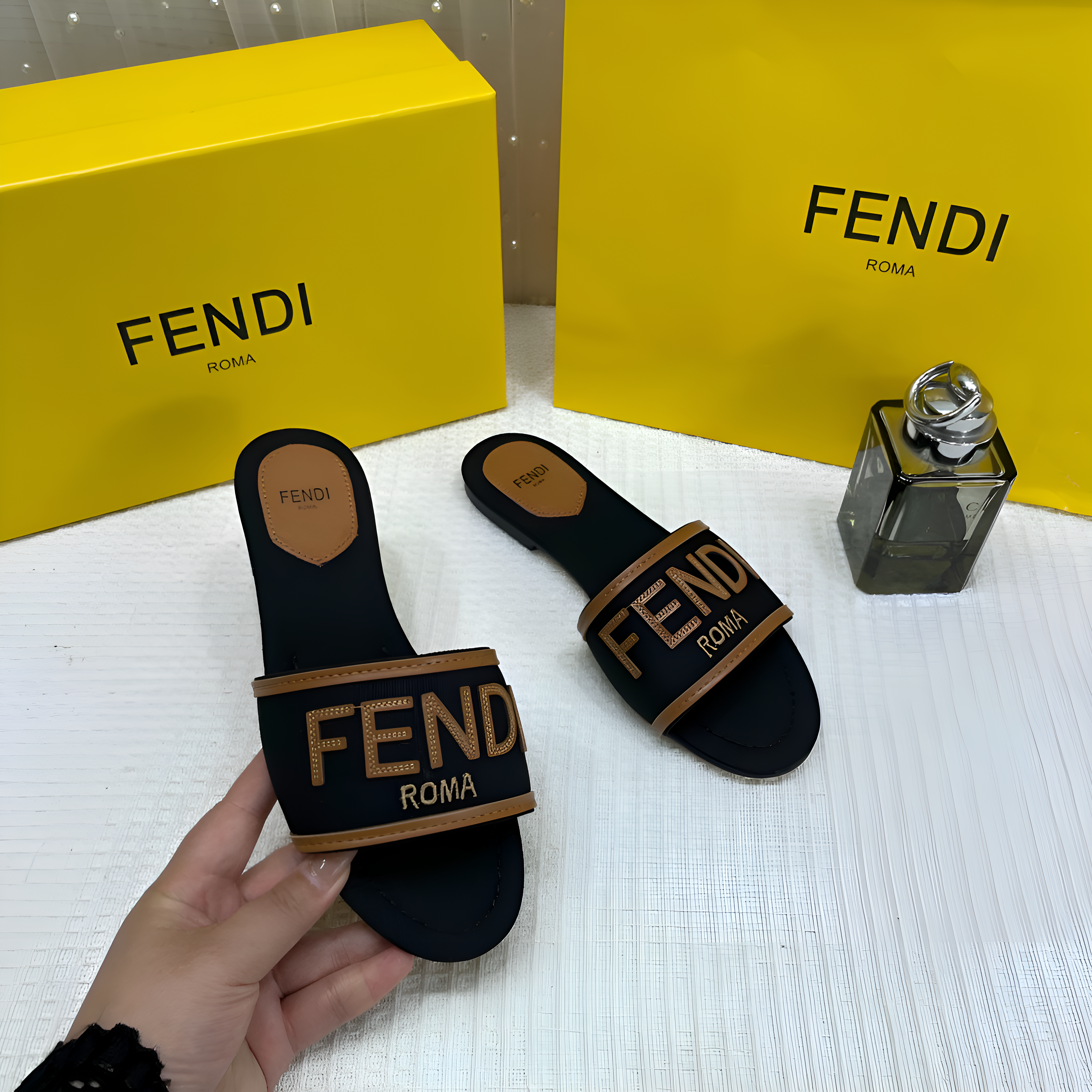 Fendi Black Denim Washed Flats With OG Box & Carry Bag Black