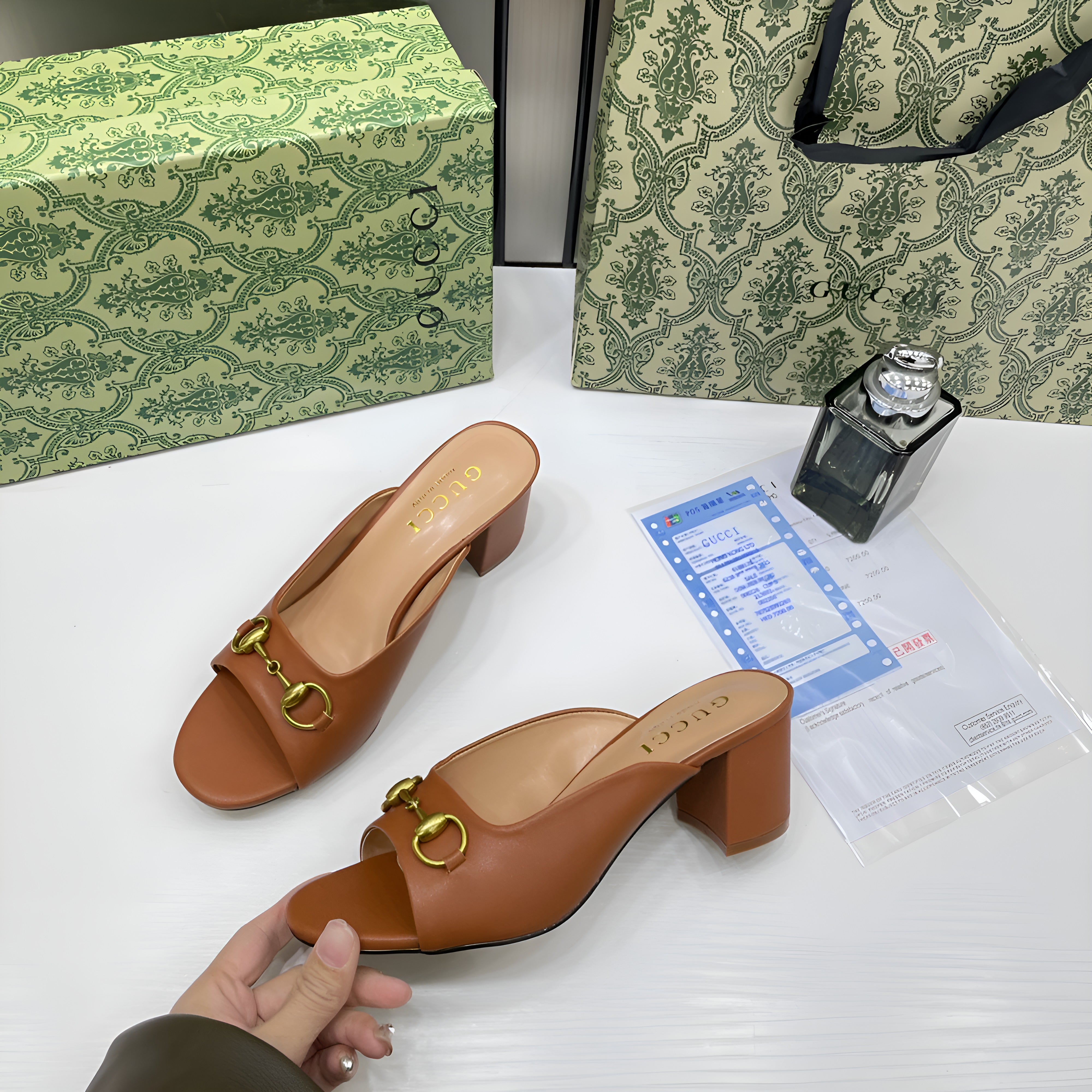 Gucci Womens Leather Heel Mules With OG Box & Dust Bag Brown