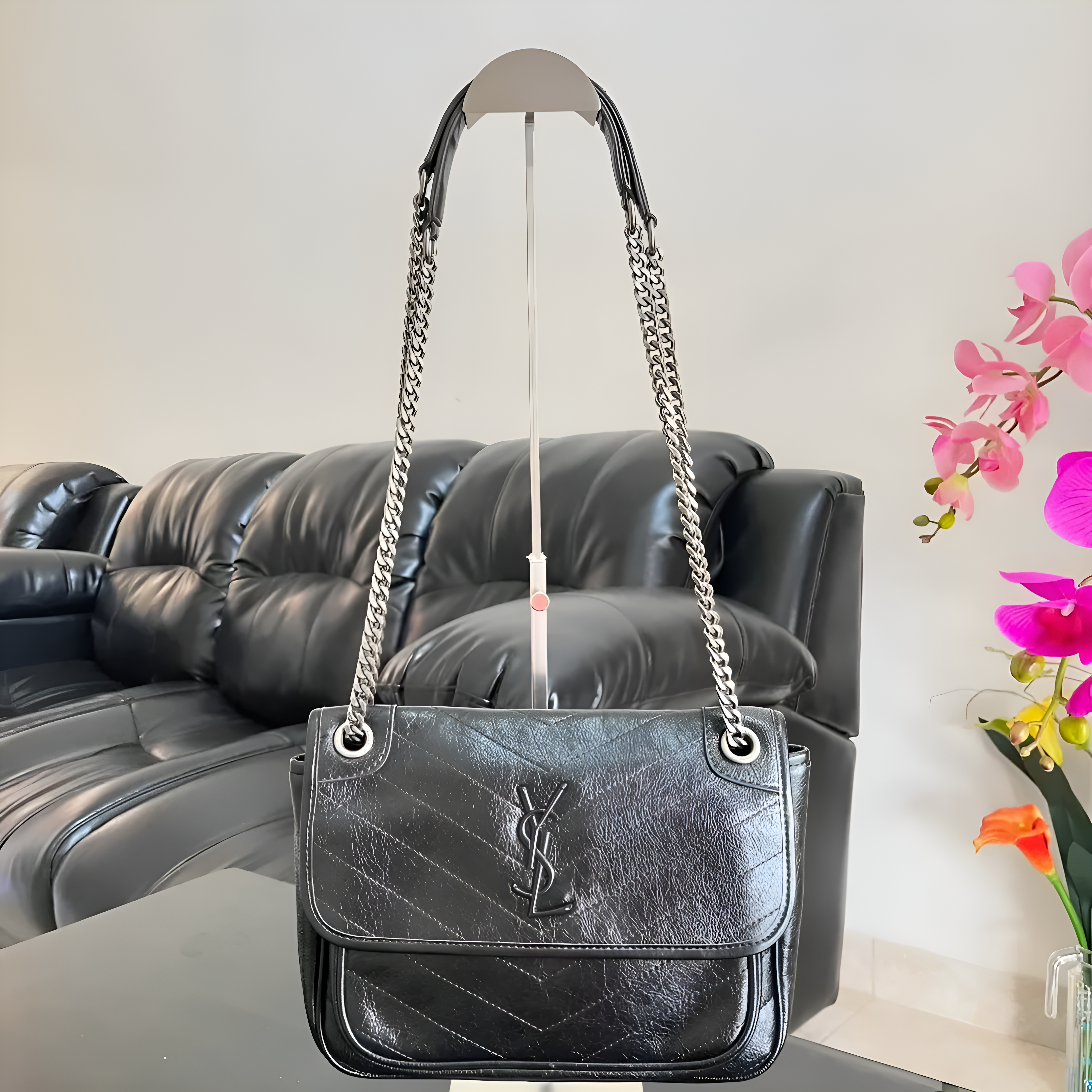 YSL Saint Laurent Niki Baby Crinkle Vintage Leather Black With OG Box &  Dust Bag 6029