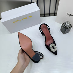 Amina Muaddi Camellia Crystal Embellished Lace SlingBack Black Heels For Women With OG Box 3A141-9