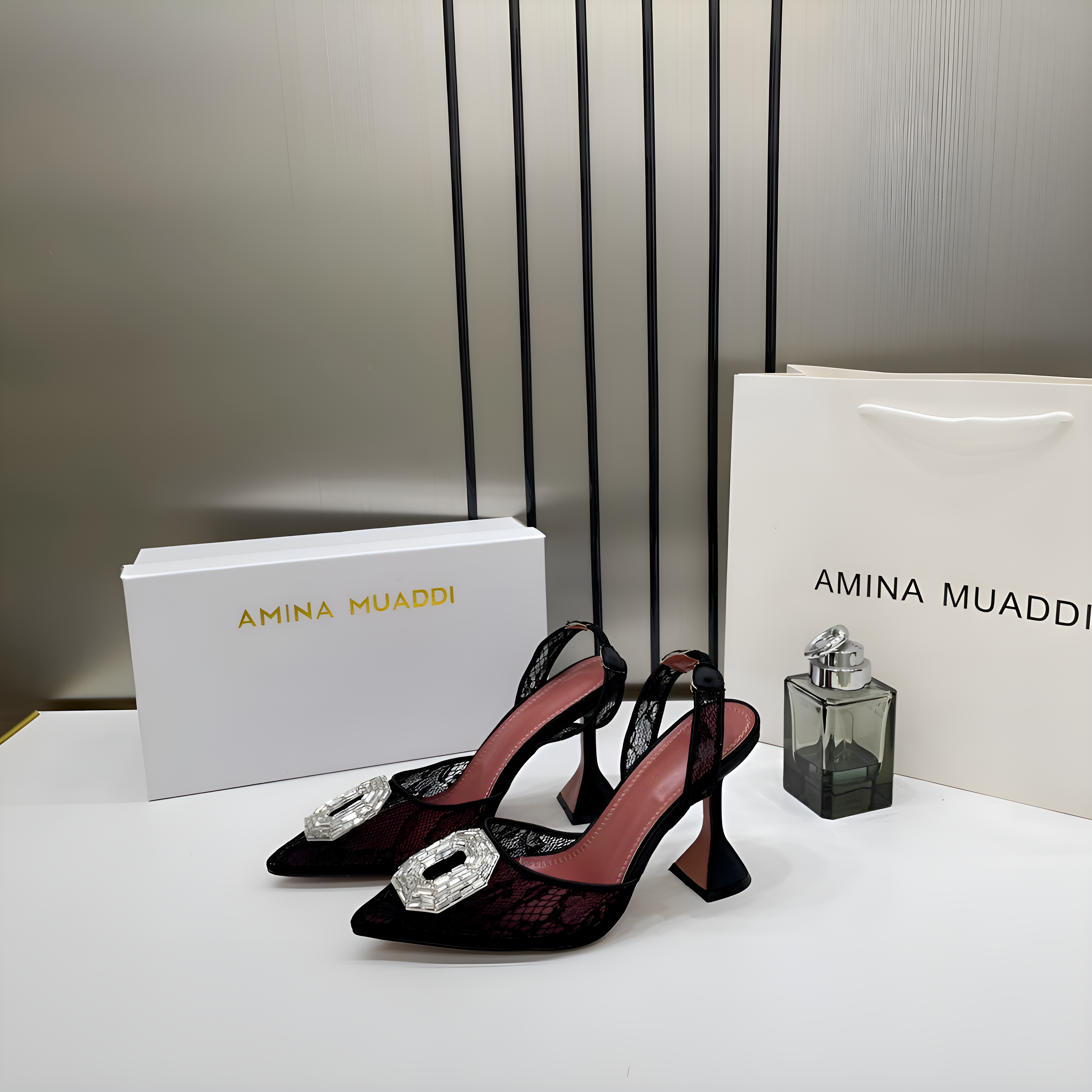 Amina Muaddi Camellia Crystal Embellished Lace SlingBack Black Heels For Women With OG Box 3A141-9