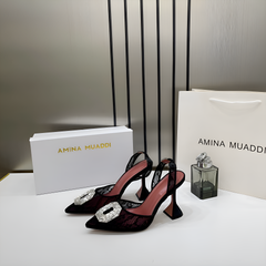 Amina Muaddi Camellia Crystal Embellished Lace SlingBack Black Heels For Women With OG Box 3A141-9