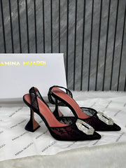 Amina Muaddi Camellia Crystal Embellished Lace SlingBack Black Heels For Women With OG Box 3A141-9