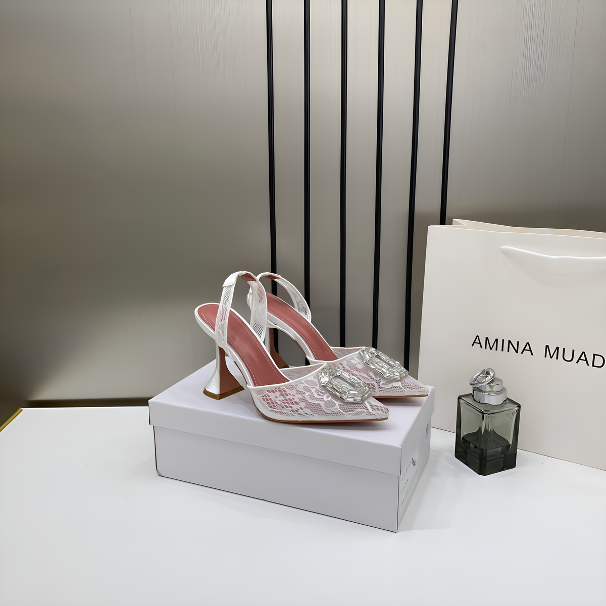 Amina Muaddi Camellia Crystal Embellished Lace SlingBack White Heels For Women With OG Box 3A141-9