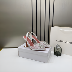 Amina Muaddi Camellia Crystal Embellished Lace SlingBack White Heels For Women With OG Box 3A141-9