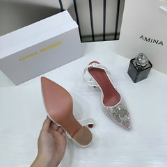 Amina Muaddi Camellia Crystal Embellished Lace SlingBack White Heels For Women With OG Box 3A141-9