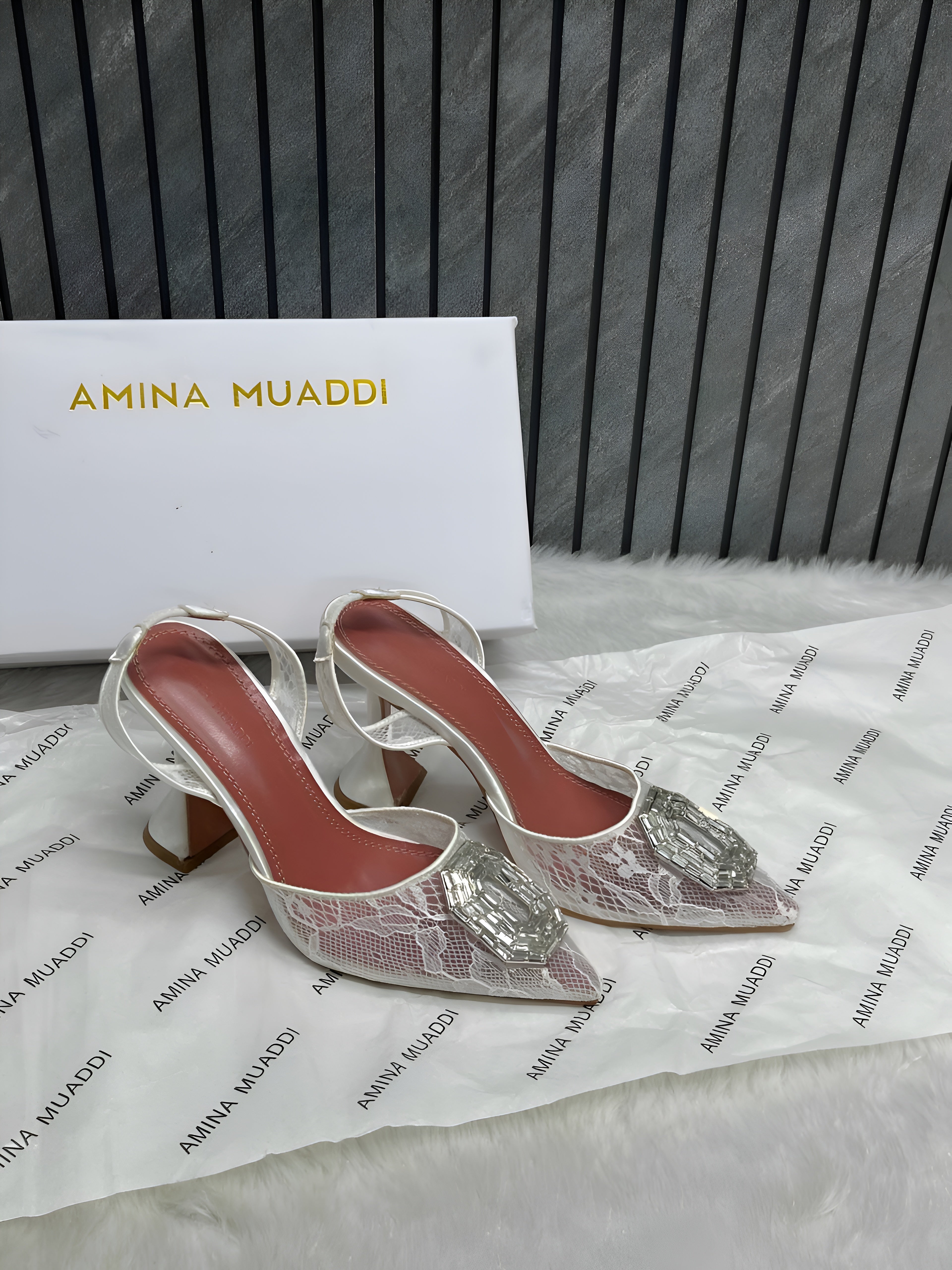 Amina Muaddi Camellia Crystal Embellished Lace SlingBack White Heels For Women With OG Box 3A141-9