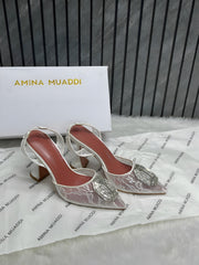 Amina Muaddi Camellia Crystal Embellished Lace SlingBack White Heels For Women With OG Box 3A141-9