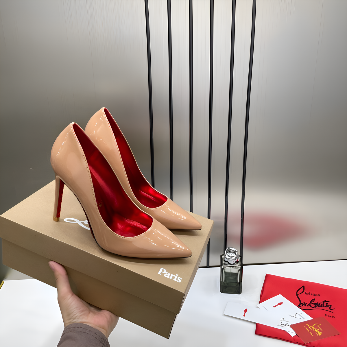 Christian Louboutin Miss Sparkle Bottom Apricot Z Heels Patent With OG Box & Dust Cover