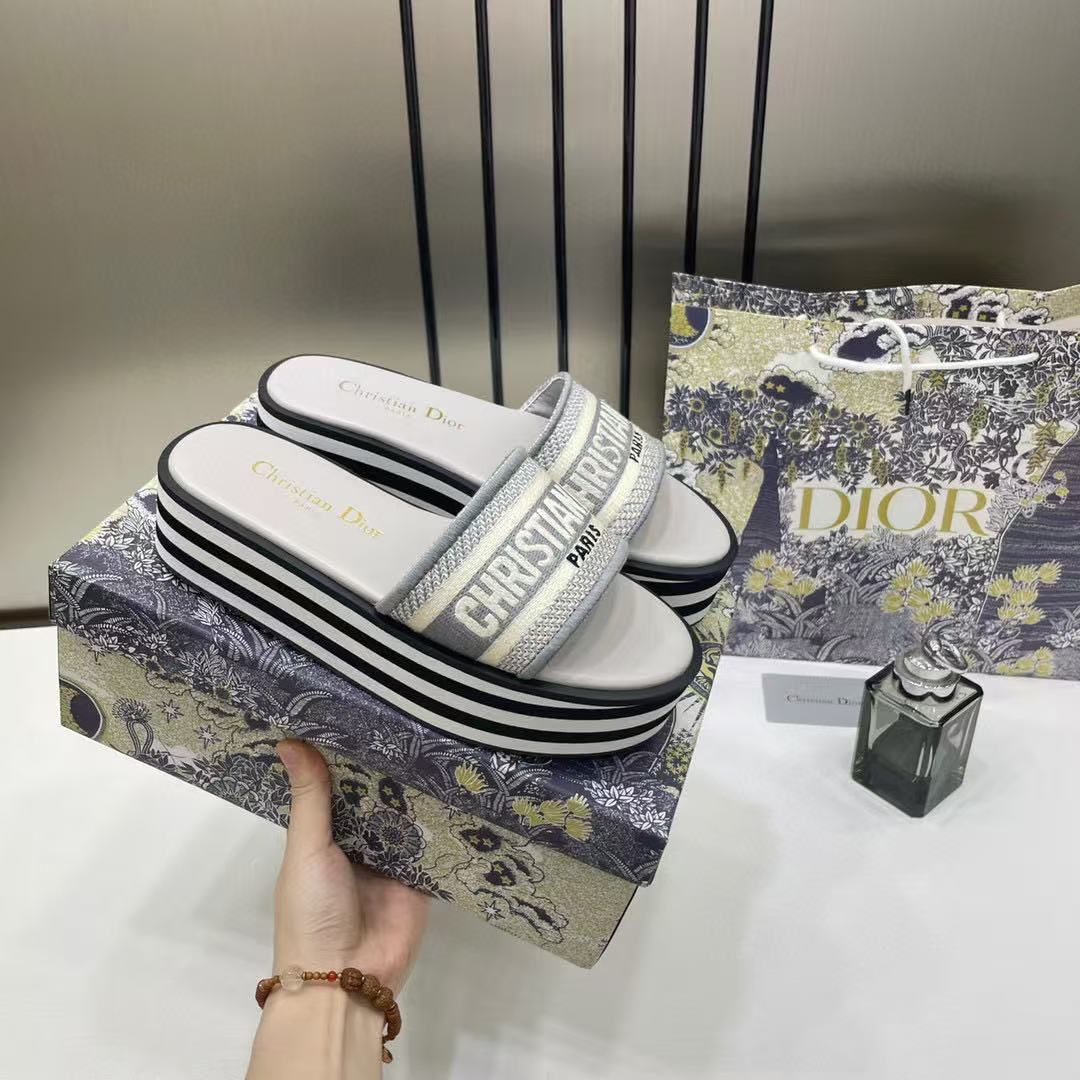 Dior Riviera Dway Platform Raffia Slides For Women With Original Box And Carry Bag Grey 5099-10