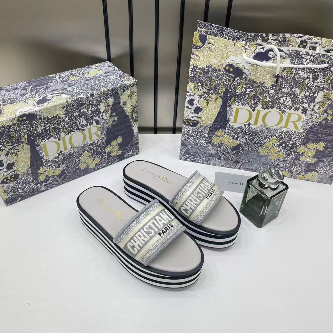 Dior Riviera Dway Platform Raffia Slides For Women With Original Box And Carry Bag Grey 5099-10